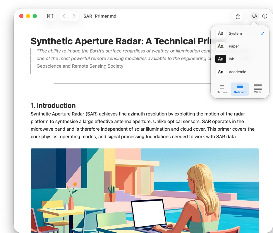 Markant displaying a technical document with sidebar navigation, images, and clean typography