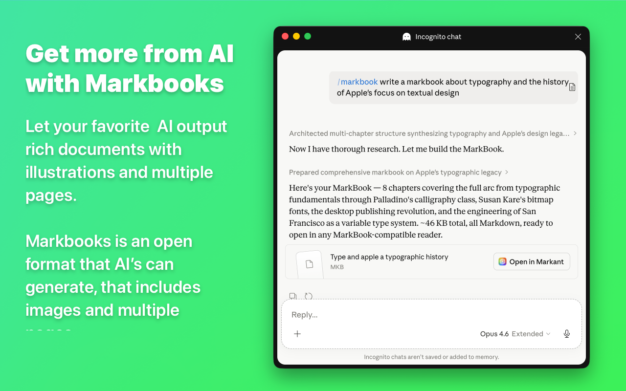 Claude AI generating a MarkBook that opens in Markant